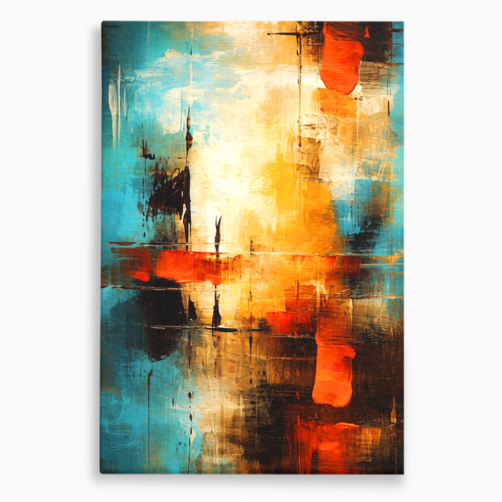 Tablou canvas cu pictura abstracta cu portocaliu si albastru, fara rama, pe sasiu de lemn